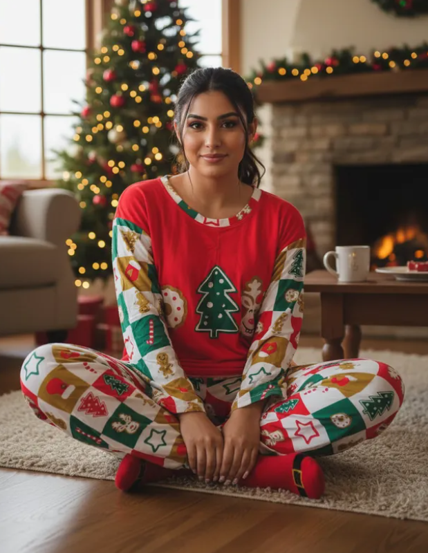Pijama Navideña Pino Mujer Moda Pantalón, Playera Y Calcetas