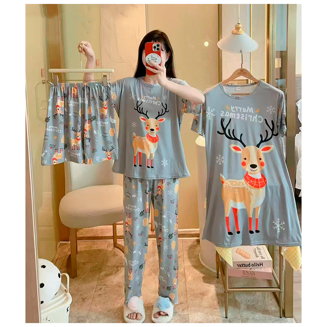Pijama Navideña Dama Bata, Playera, Pantalón Y Short Moda Diseño De Reno Gris