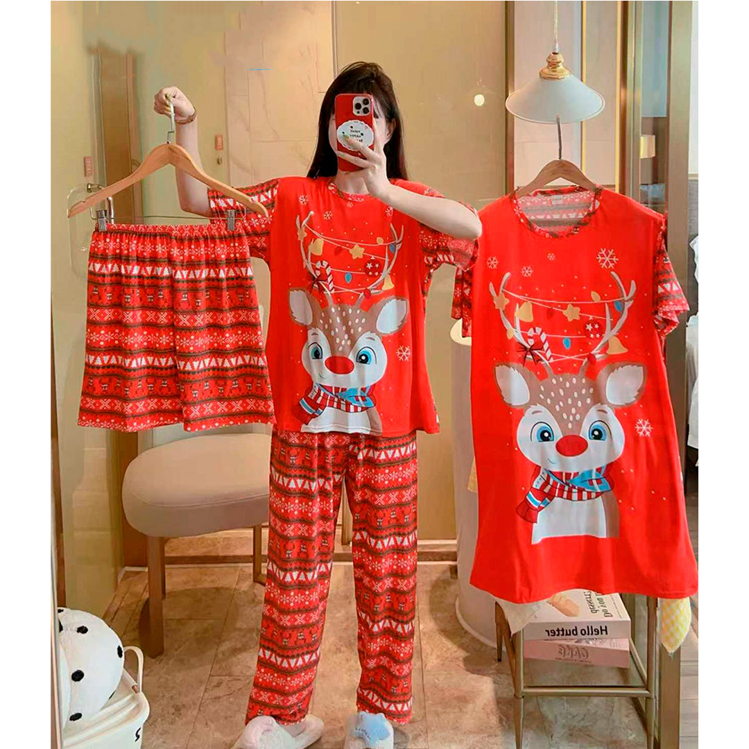 Pijama Navideña Dama Bata, Playera, Pantalón Y Short Moda Diseño De Reno Esferas