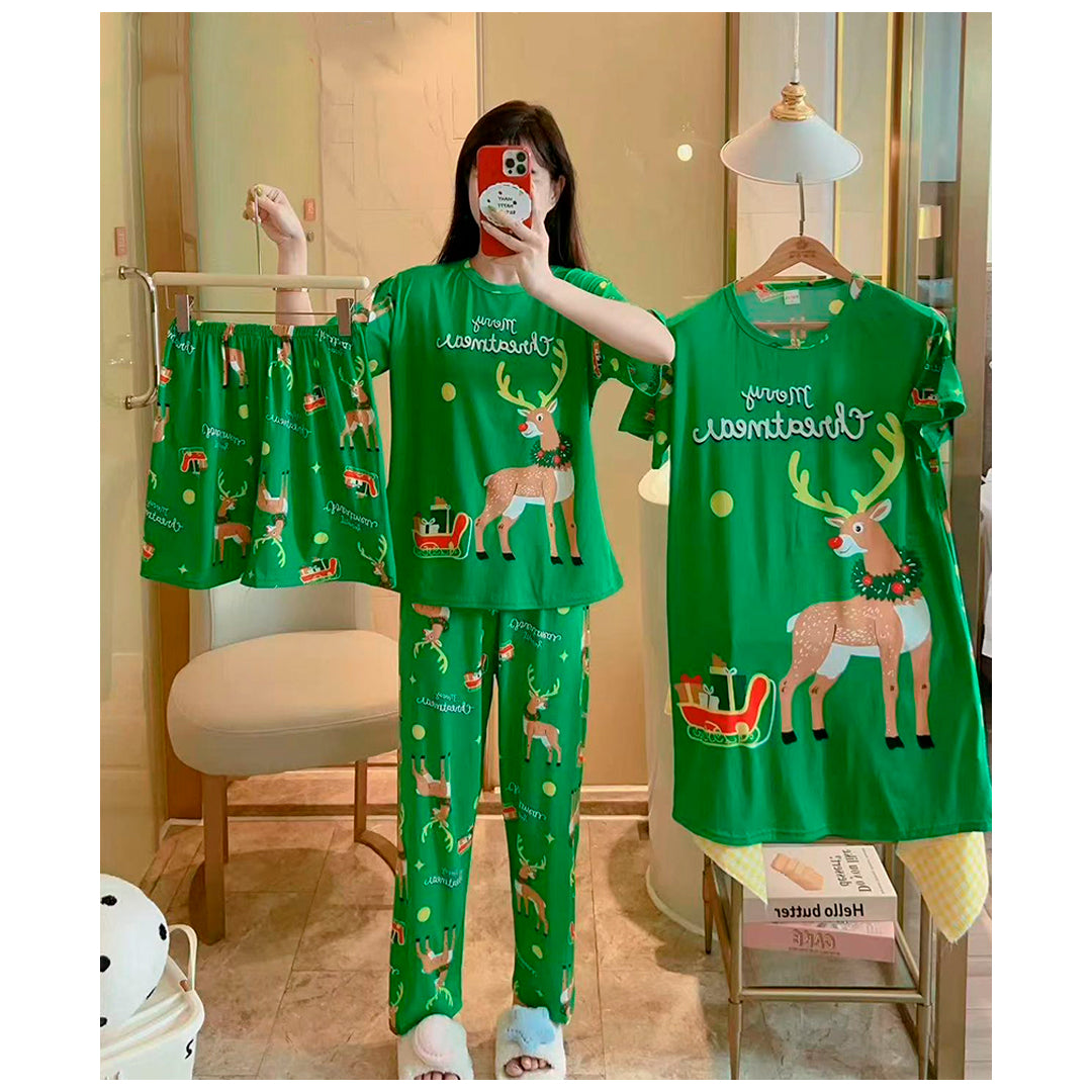 Pijama Navideña Dama Bata, Playera, Pantalón Y Short Moda Diseño De Reno Verde