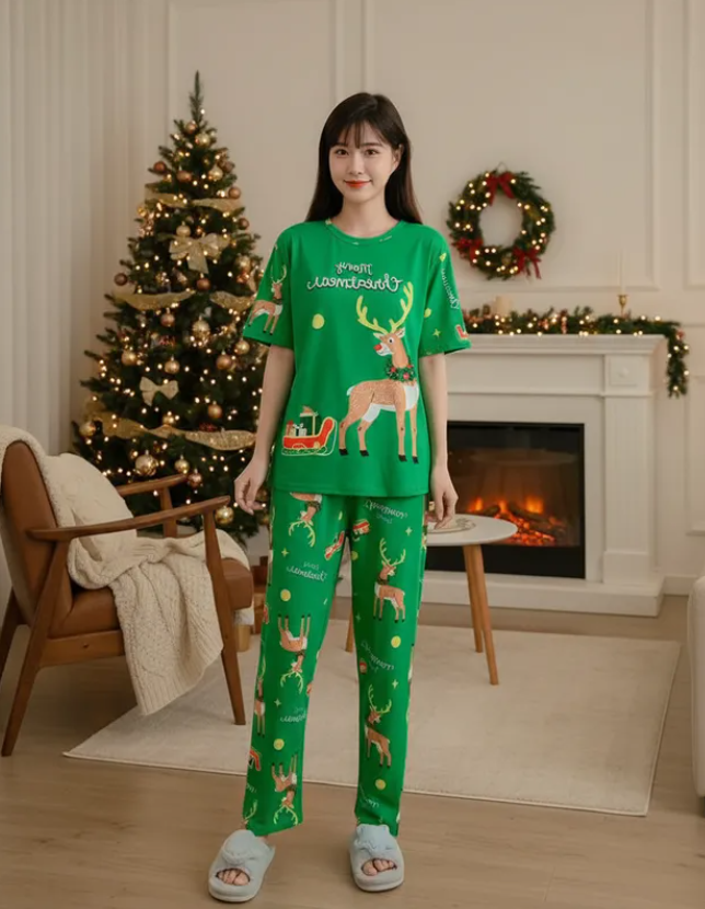 Pijama Navideña Dama Bata, Playera, Pantalón Y Short Moda Diseño De Reno Verde