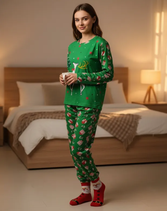 Pijama Navideña Reno Verde Mujer Moda Pantalón, Playera Y Calcetas