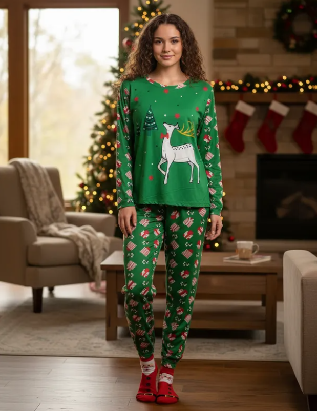 Pijama Navideña Reno Verde Mujer Moda Pantalón, Playera Y Calcetas