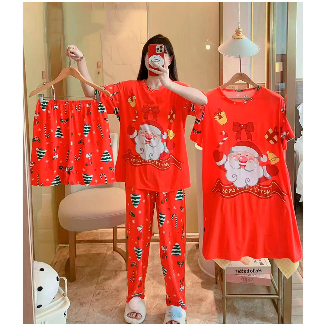 Pijama Navideña Dama Bata, Playera, Pantalón Y Short Moda Diseño De Santa Claus Feliz