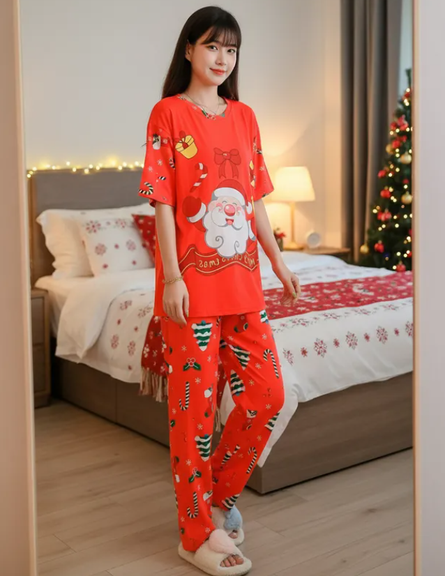 Pijama Navideña Dama Bata, Playera, Pantalón Y Short Moda Diseño De Santa Claus Feliz
