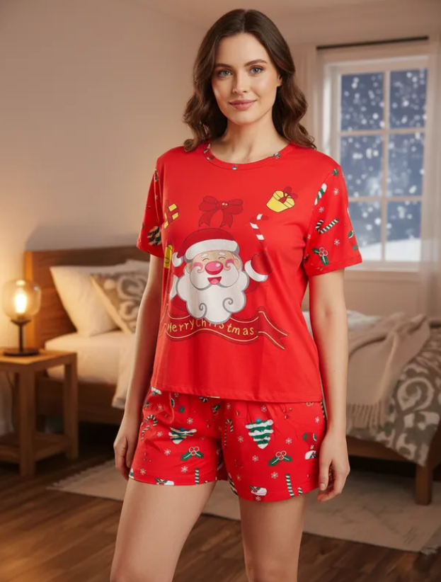 Pijama Navideña Dama Bata, Playera, Pantalón Y Short Moda Diseño De Santa Claus Feliz