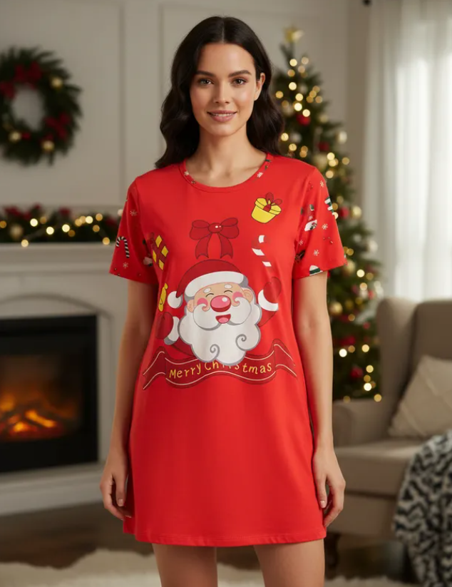 Pijama Navideña Dama Bata, Playera, Pantalón Y Short Moda Diseño De Santa Claus Feliz