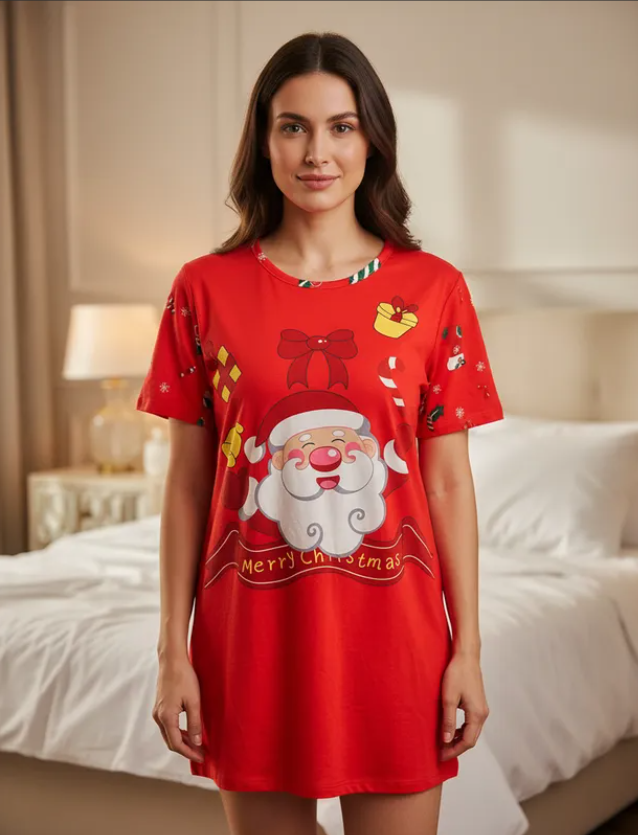 Pijama Navideña Dama Bata, Playera, Pantalón Y Short Moda Diseño De Santa Claus Feliz