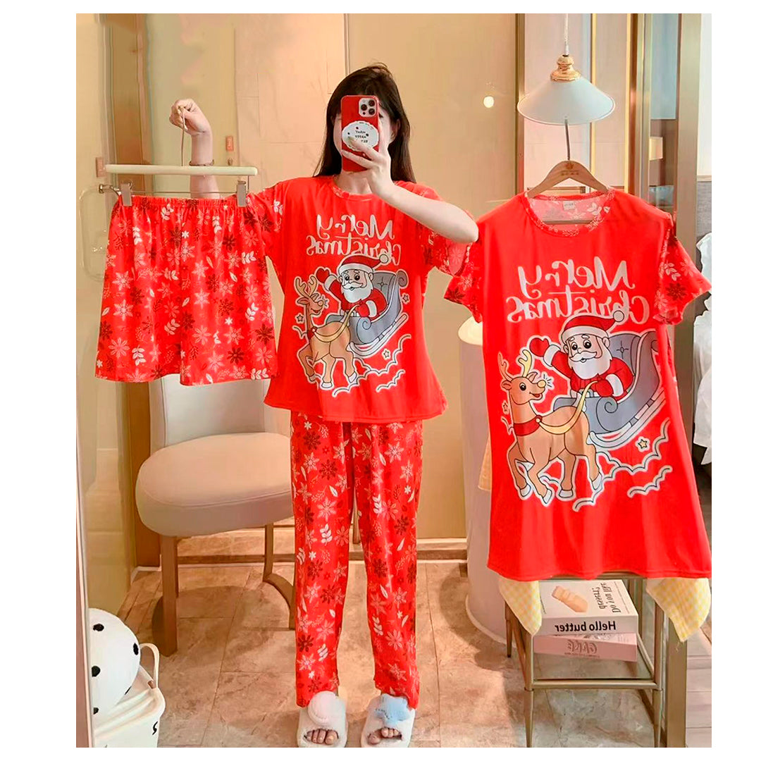 Pijama Navideña Dama Bata, Playera, Pantalón Y Short Moda Diseño De Santa Claus Trineo