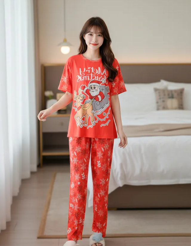 Pijama Navideña Dama Bata, Playera, Pantalón Y Short Moda Diseño De Santa Claus Trineo