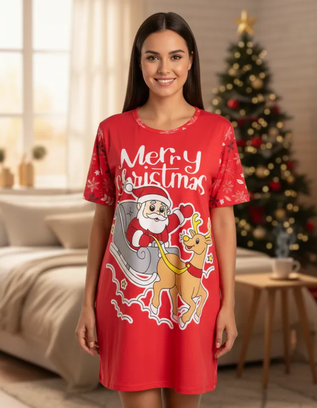 Pijama Navideña Dama Bata, Playera, Pantalón Y Short Moda Diseño De Santa Claus Trineo