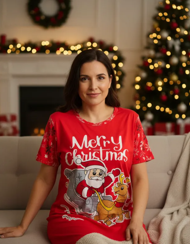 Pijama Navideña Dama Bata, Playera, Pantalón Y Short Moda Diseño De Santa Claus Trineo