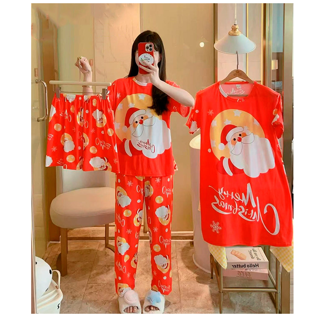 Pijama Navideña Dama Bata, Playera, Pantalón Y Short Moda Diseño De Santa Claus