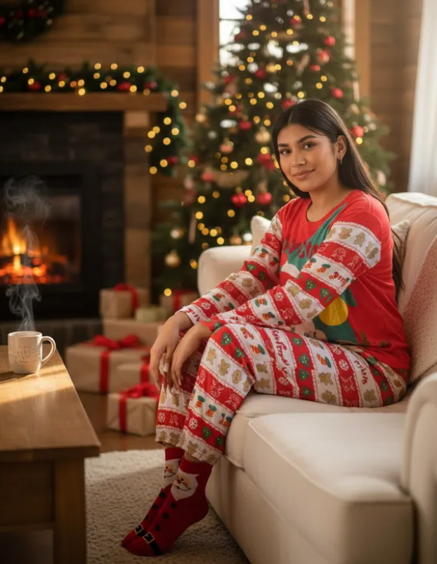 Pijama Navideña Santa Claus Caricatura  Mujer Moda Pantalón, Playera Y Calcetas