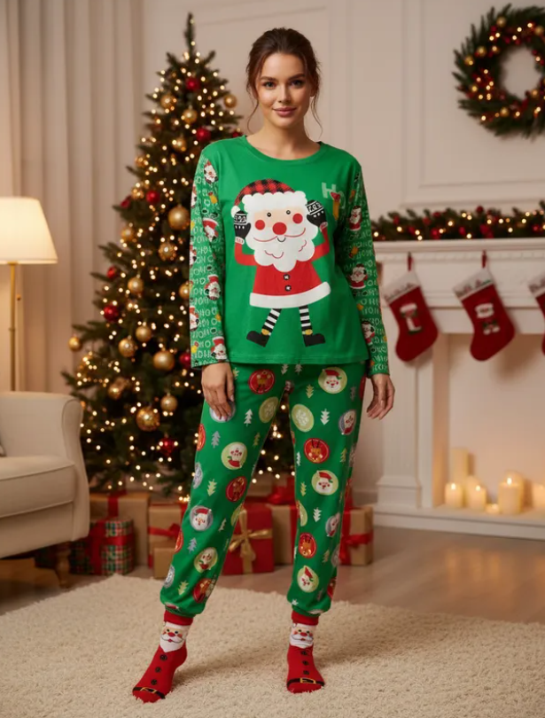 Pijama Navideña Santa Claus Happy Mujer Moda Pantalón, Playera Y Calcetas