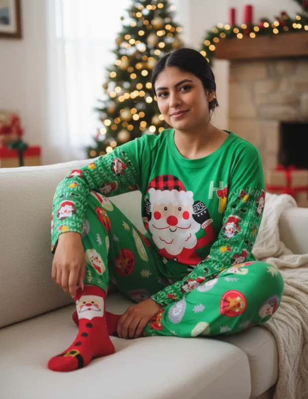 Pijama Navideña Santa Claus Happy Mujer Moda Pantalón, Playera Y Calcetas