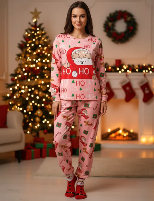 Pijama Navideña Santa Claus Pink  Mujer Moda Pantalón, Playera Y Calcetas