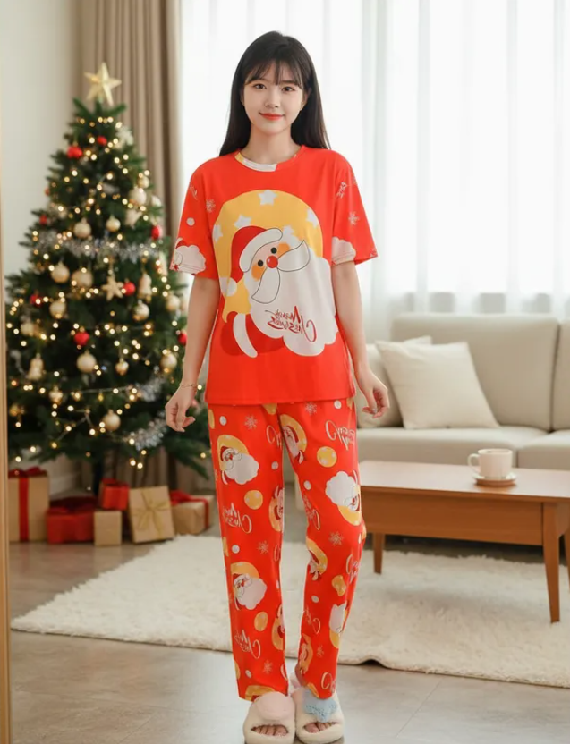 Pijama Navideña Dama Bata, Playera, Pantalón Y Short Moda Diseño De Santa Claus