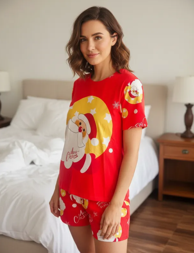 Pijama Navideña Dama Bata, Playera, Pantalón Y Short Moda Diseño De Santa Claus