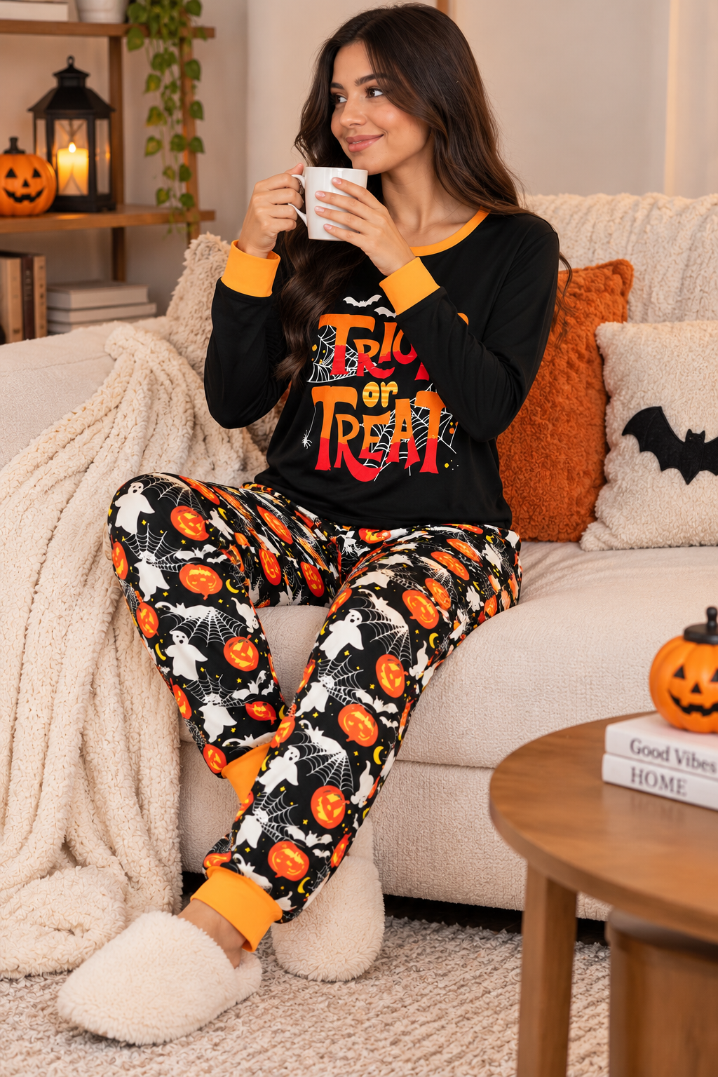 Pijama De Halloween/ Día De Muertos Mujer Térmica Moda Letras Trick or Treat