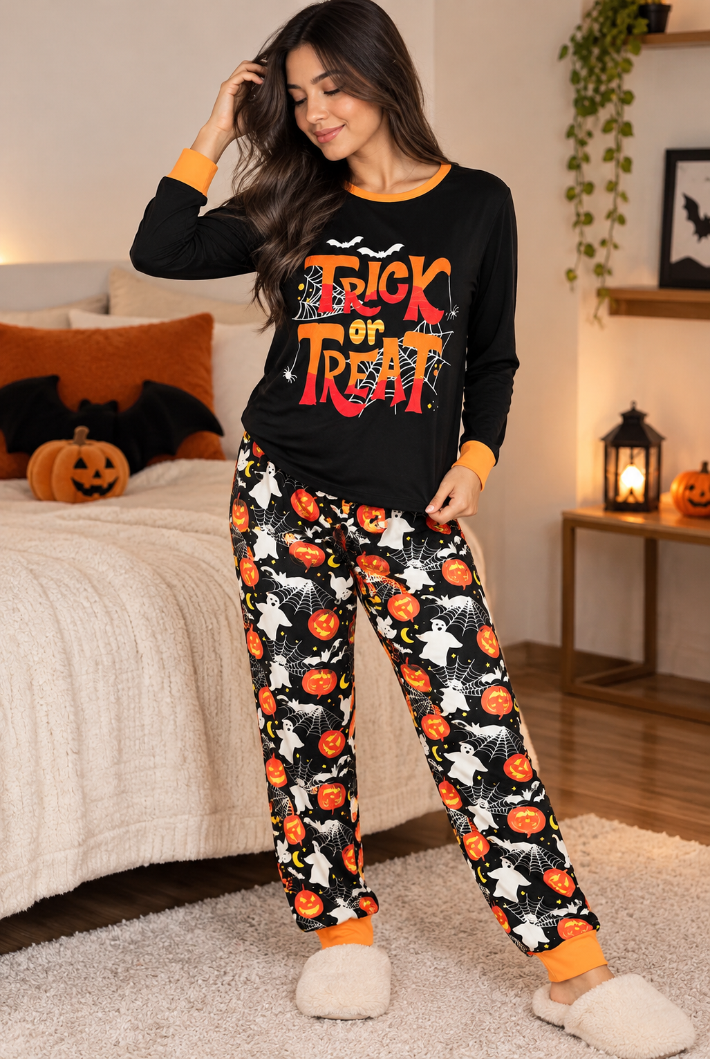 Pijama De Halloween/ Día De Muertos Mujer Térmica Moda Letras Trick or Treat