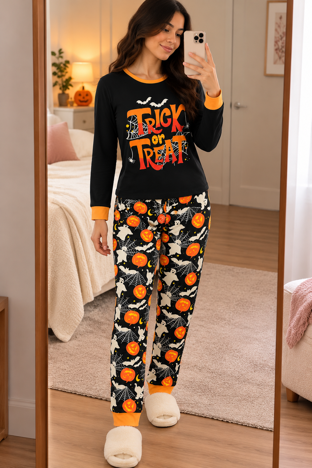 Pijama De Halloween/ Día De Muertos Mujer Térmica Moda Letras Trick or Treat