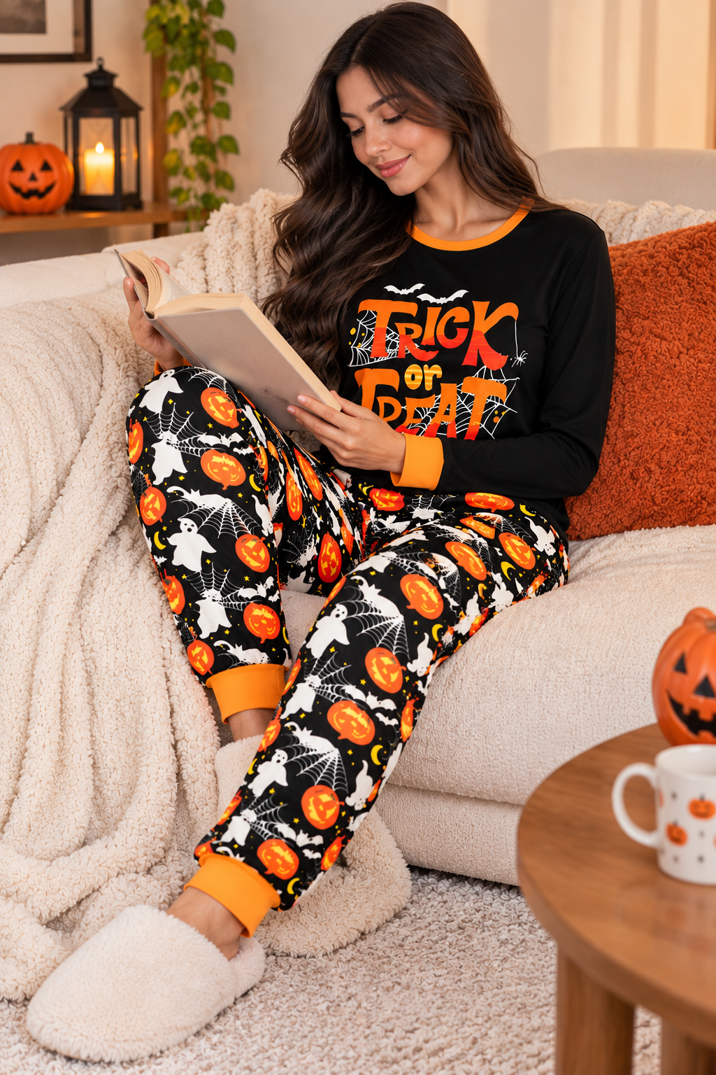 Pijama De Halloween/ Día De Muertos Mujer Térmica Moda Letras Trick or Treat