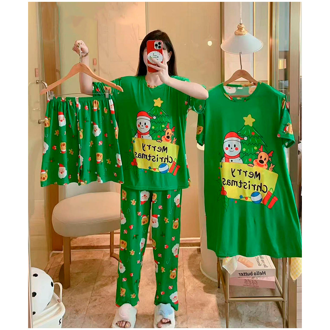 Pijama Navideña Dama Bata, Playera, Pantalón Y Short Moda Diseño De Merry Christmas
