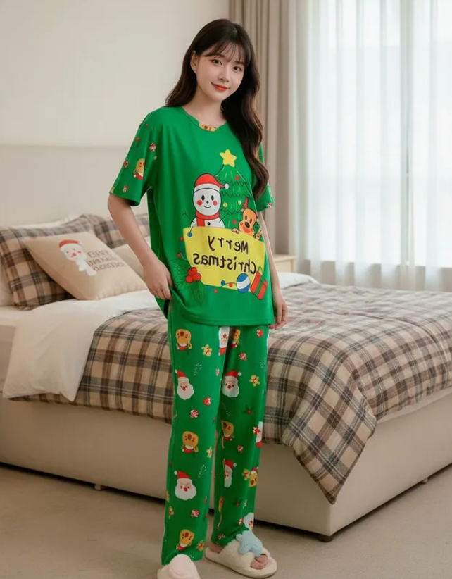 Pijama Navideña Dama Bata, Playera, Pantalón Y Short Moda Diseño De Merry Christmas