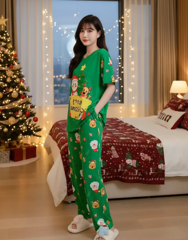 Pijama Navideña Dama Bata, Playera, Pantalón Y Short Moda Diseño De Merry Christmas