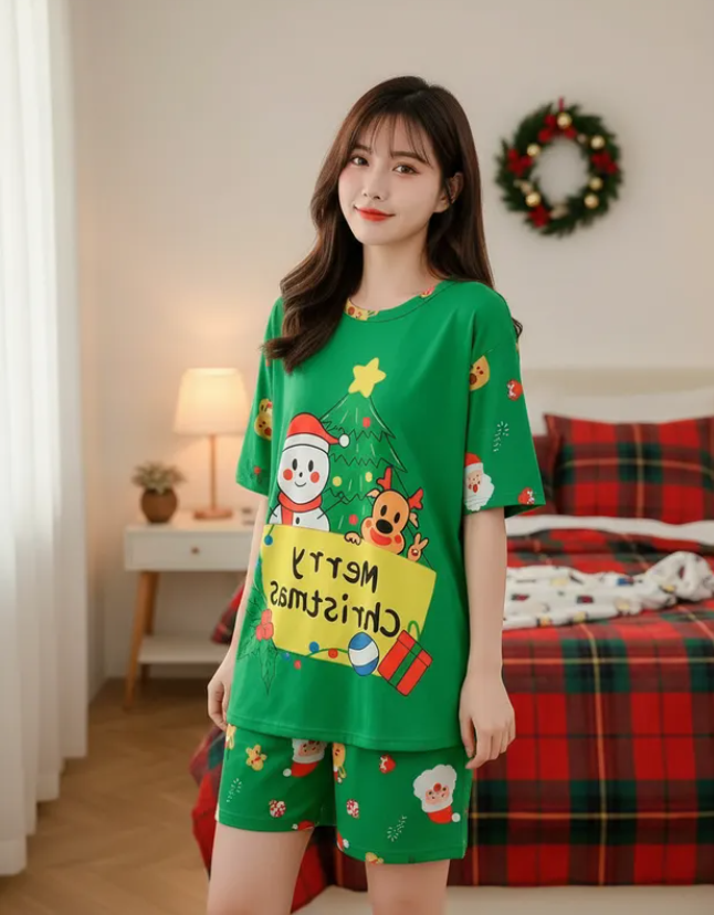 Pijama Navideña Dama Bata, Playera, Pantalón Y Short Moda Diseño De Merry Christmas