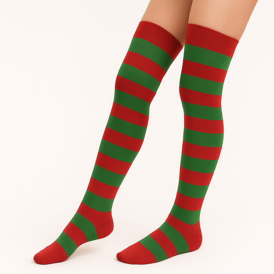 Medias Navidad Mujer Algodón Moda Rayado Verde con Rojo